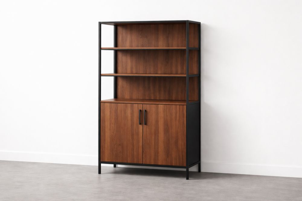Libreria in MDF e acciaio marrone con 3 ripiani e 2 ante