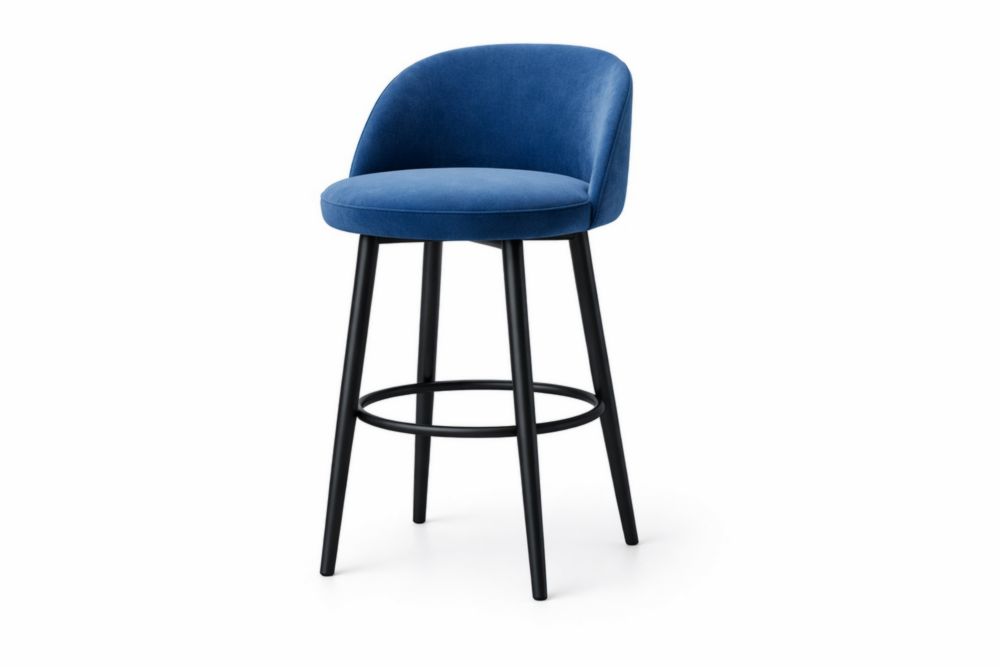 Sgabello in velluto blu con struttura in acciaio e poggiapiedi