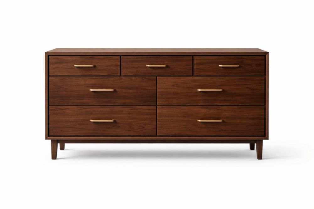 Cassettiera in Legno di Noce con Maniglie in Ottone 7 Cassetti Marrone