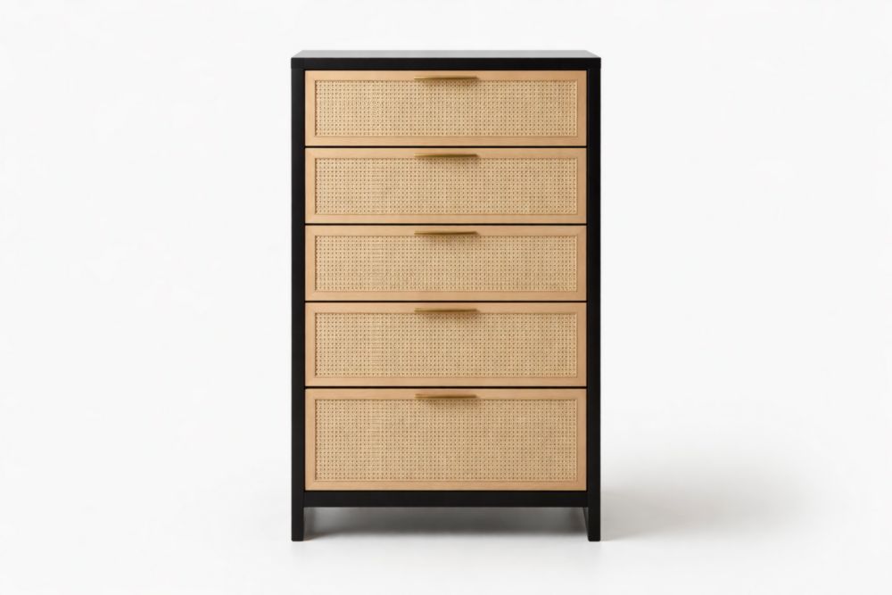 Cassettiera a 5 cassetti in legno massello e rattan nero naturale