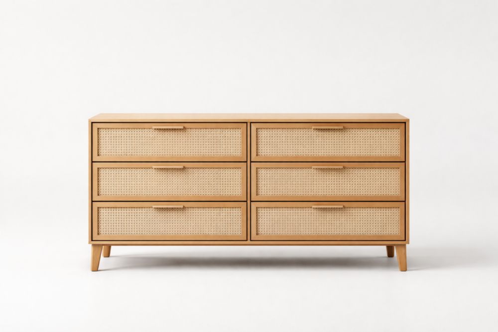 Cassettiera in Legno e Rattan Naturale