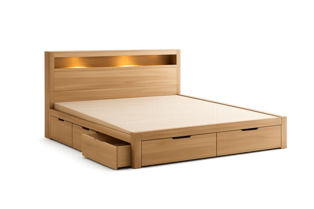 Struttura letto matrimoniale in legno con cassetti e testiera illuminata 200x160 cm(Lu x L)