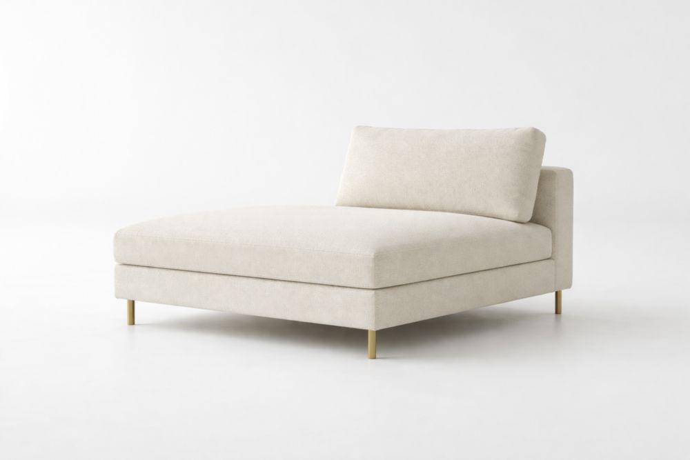 Divano chaise longue in tessuto poliestere beige con gambe in acciaio
