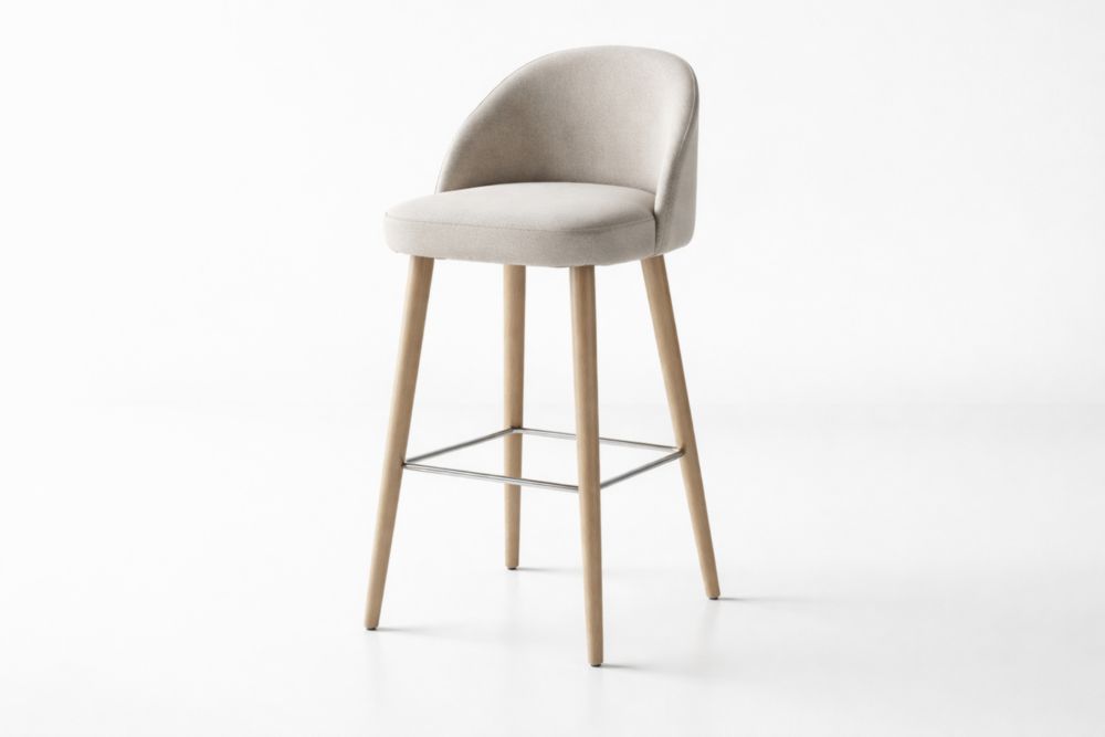 Sgabello in tessuto di poliestere beige con gambe in legno di faggio