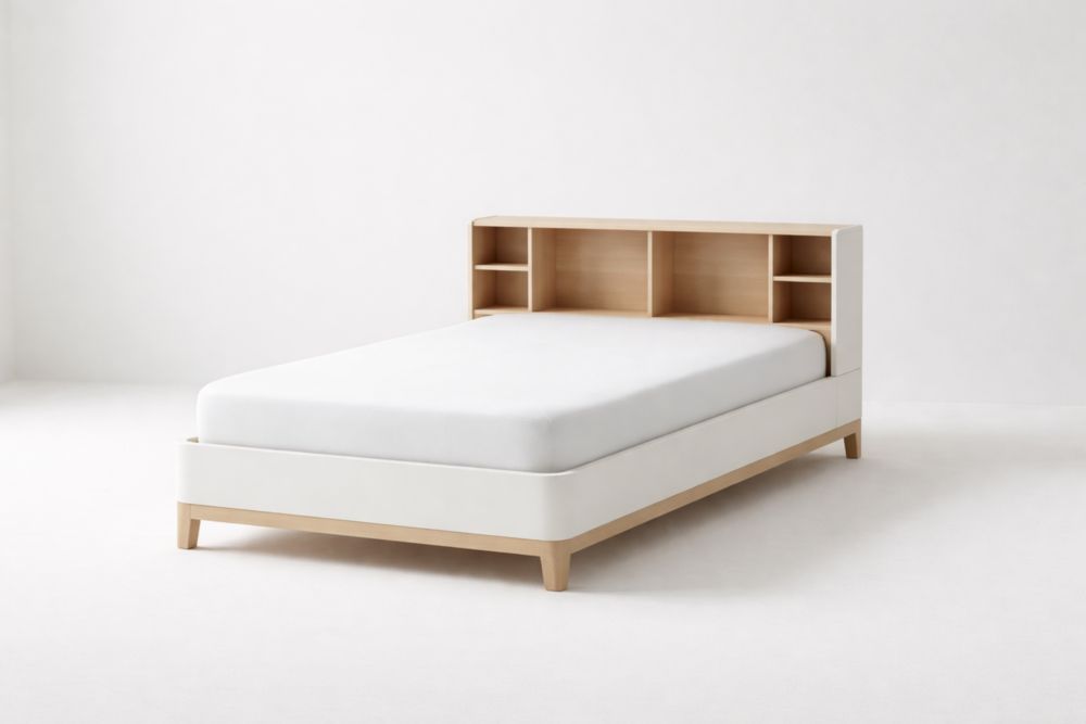 Letto singolo in legno con testiera scaffalatura e imbottitura bianca 200x90 cm(Lu x L)