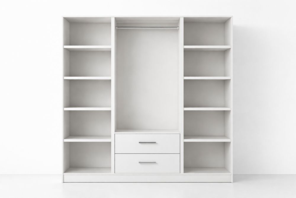 Armadio Aperto Bianco in MDF con Ripiani e Cassetti