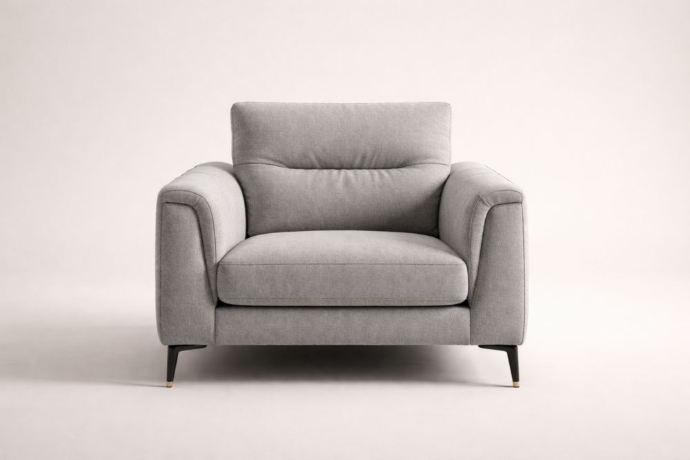 Poltrona in tessuto poliestere grigio con gambe in acciaio