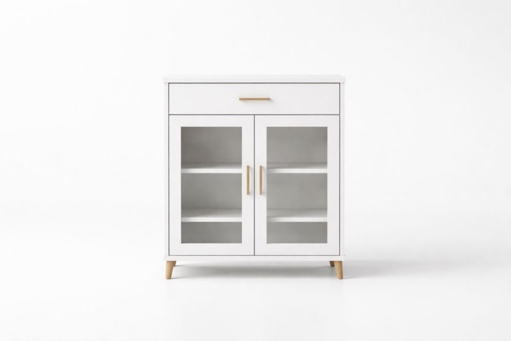 Credenza in legno con ante in vetro temperato, bianco 80x100x40 cm(L x H x P)