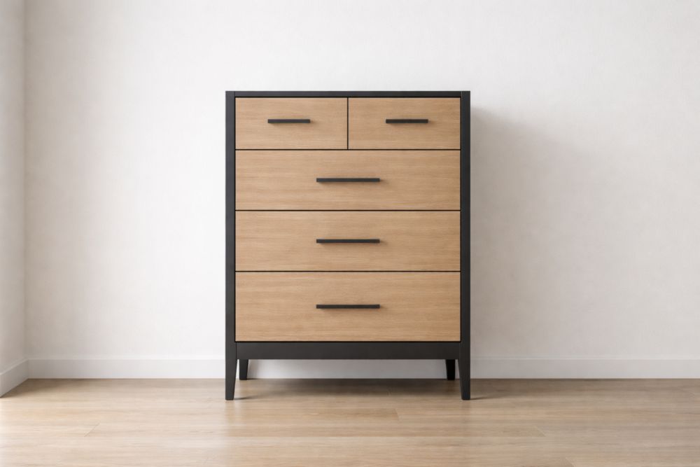 Cassettiera in Legno MDF Nero e Rovere con 5 Cassetti-Stylorano