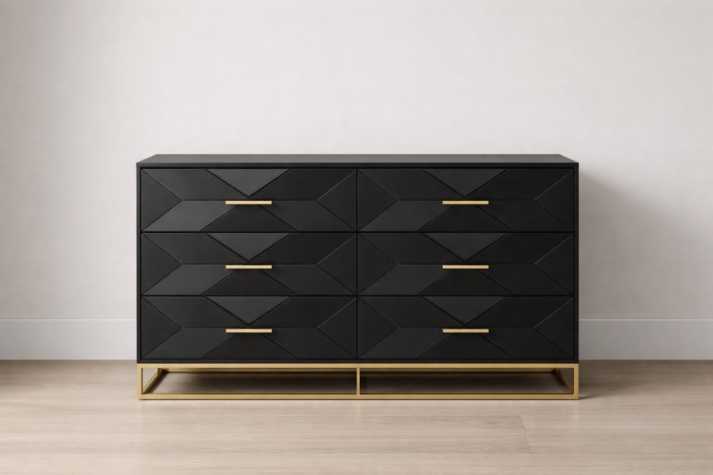 Cassettiera in legno e metallo Nero e Dorato-Stylorano