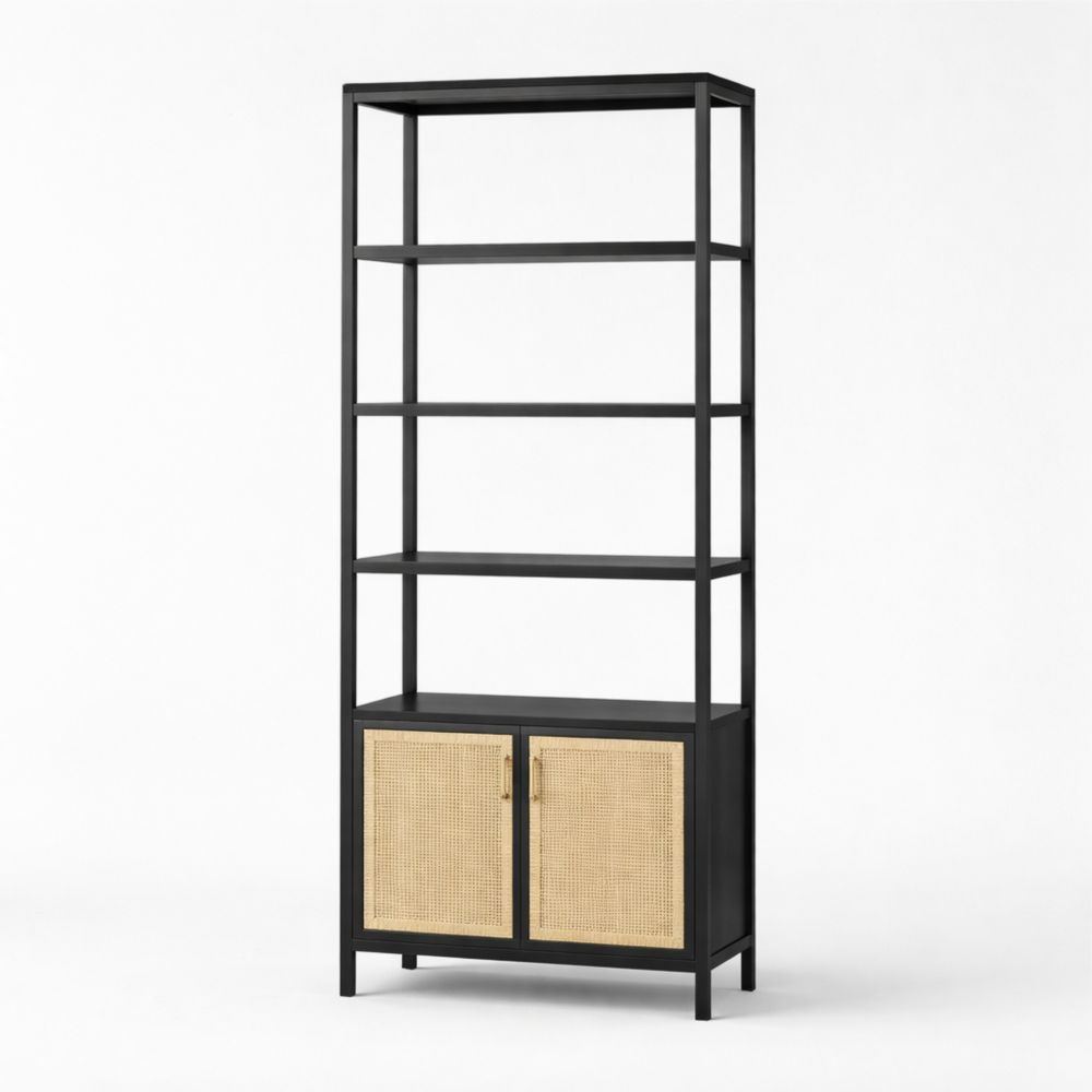 Libreria in Metallo e Rattan Nero con Ripiani e Ante-Easelivon