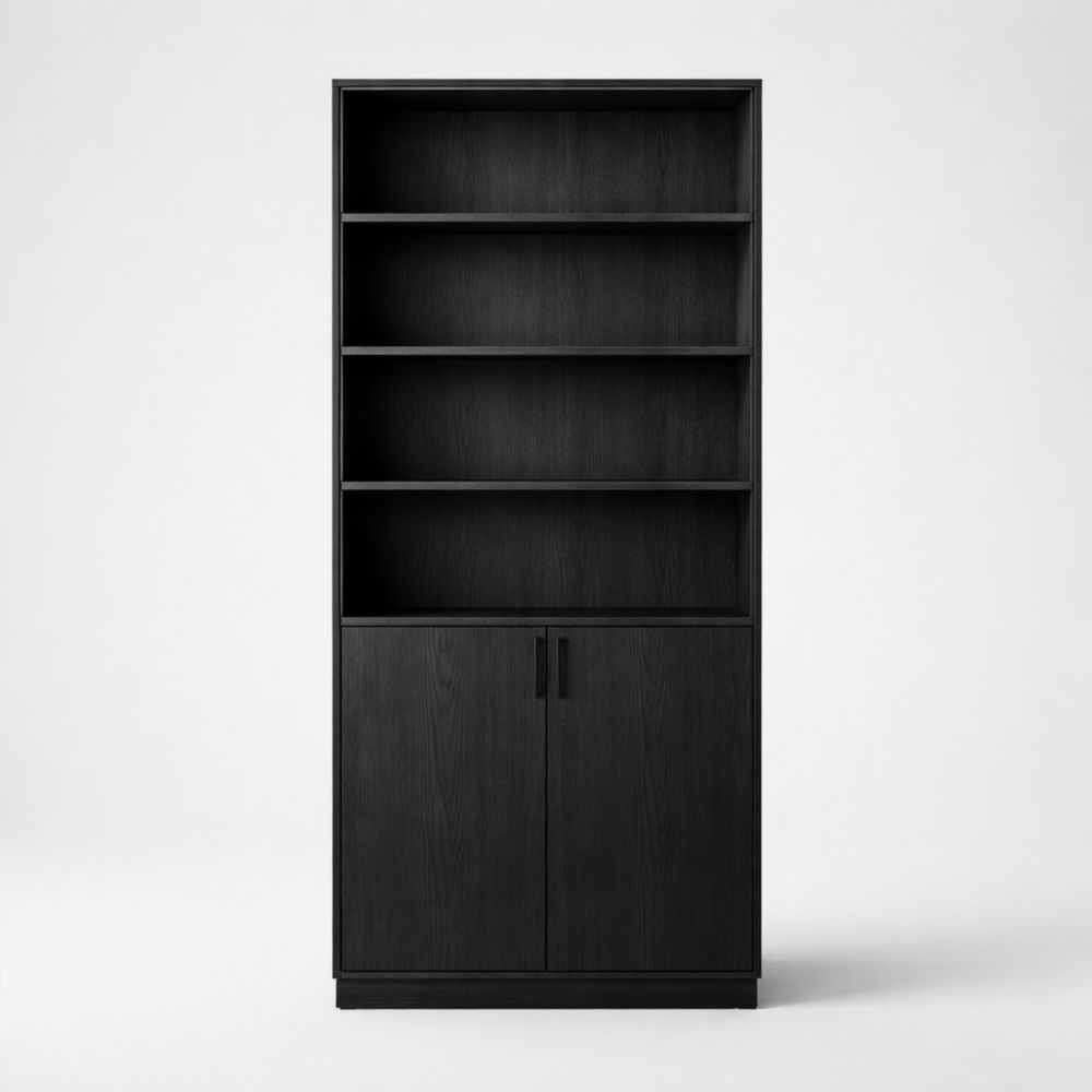 Libreria in legno nero con ripiani e ante-Easelivon