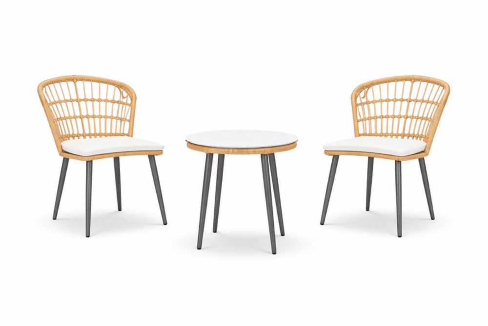 Ensemble de jardin 2 chaises en rotin synthétique et table ronde en Acier galvanisé avec plateau blanc