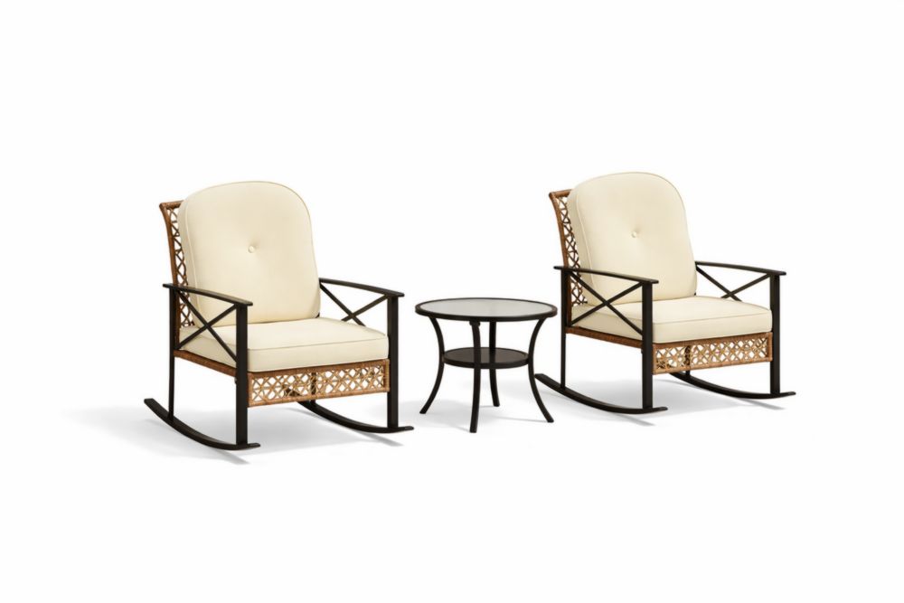 Ensemble de chaises à bascule et table en Acier galvanisérotin coussins beige