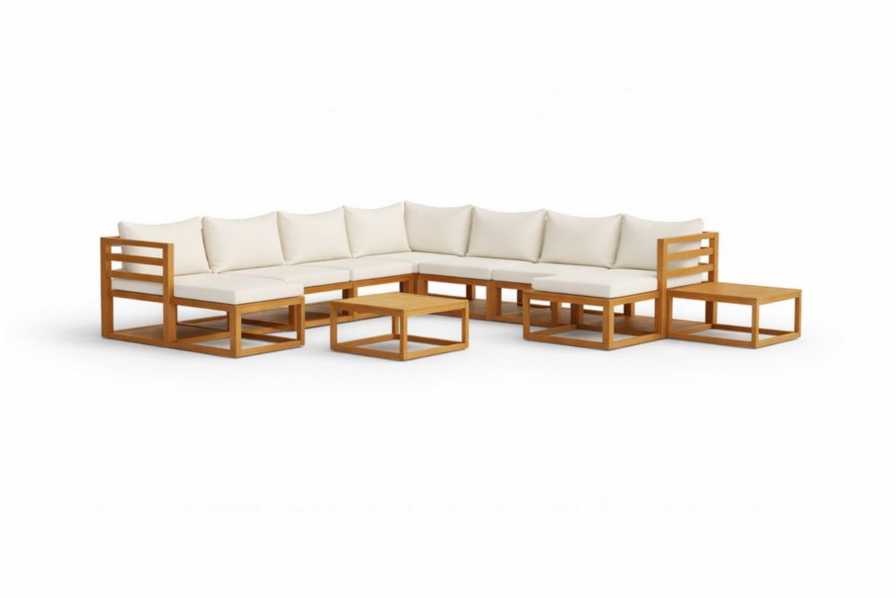 Ensemble de canapé d'angle modulaire en bois massif avec coussins crèmes