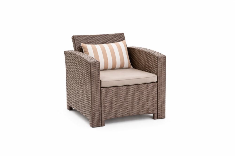 Fauteuil en résine tressée avec coussin beiges et marron