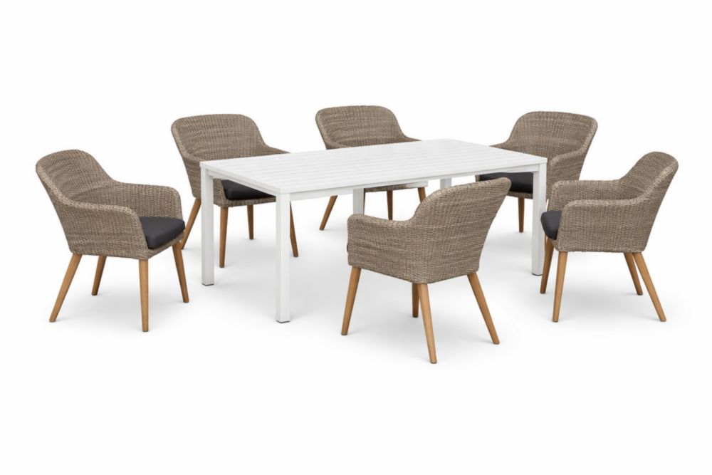 Ensemble de Table à Manger en Aluminium Blanc avec 6 Chaises en Résine Marron