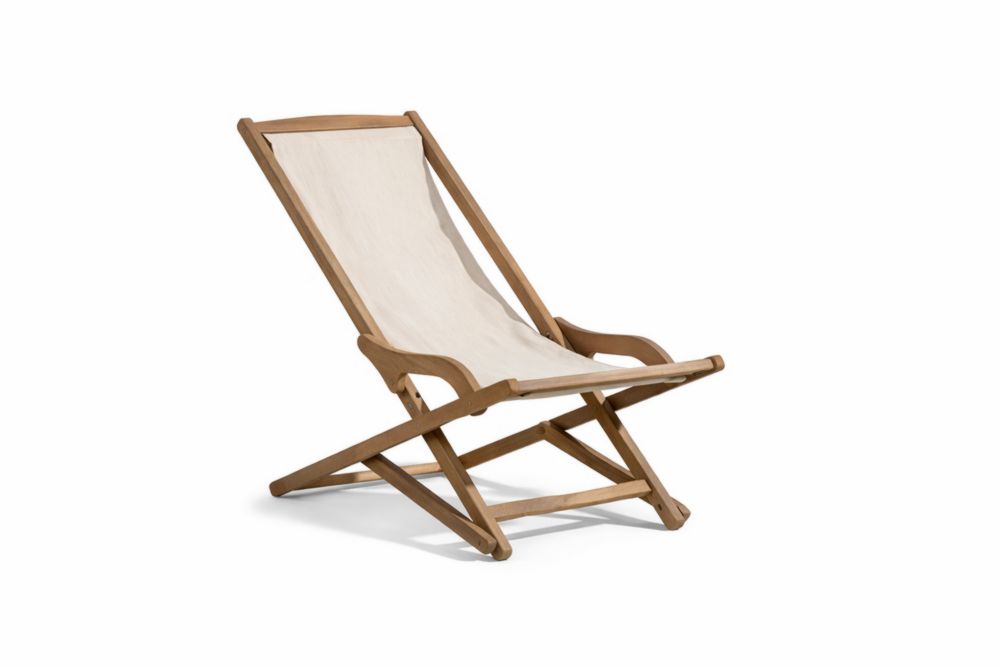 Chaise Longue Pliante en Bois de Teck et Coton Beige