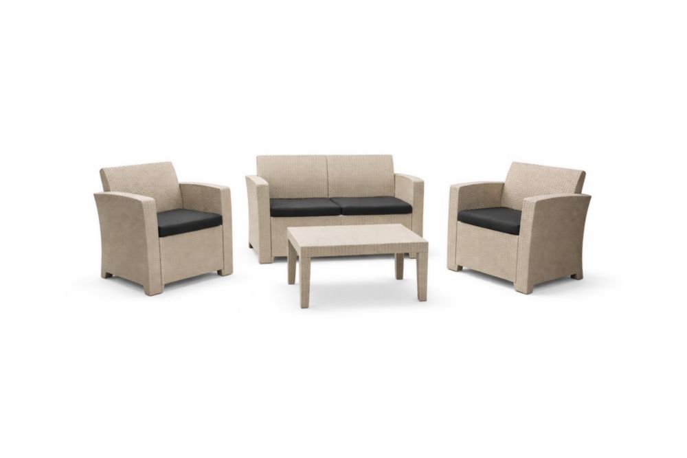 Ensemble mobilier de jardin en résine tressée beige 4 pièces avec coussins noirs