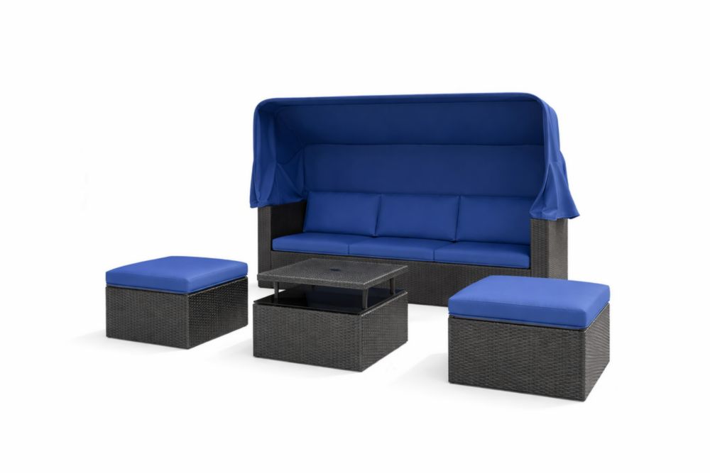 Ensemble de salon en rotin synthétique avec coussins en polyester bleu