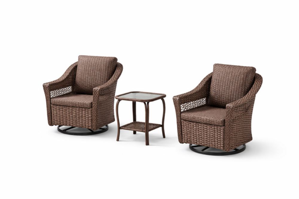 Ensemble de fauteuils rotatifs en résine tressée marron avec table en verre trempé