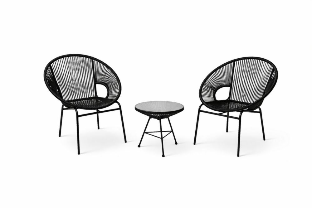 Ensemble de deux fauteuils en corde avec table en acier noir