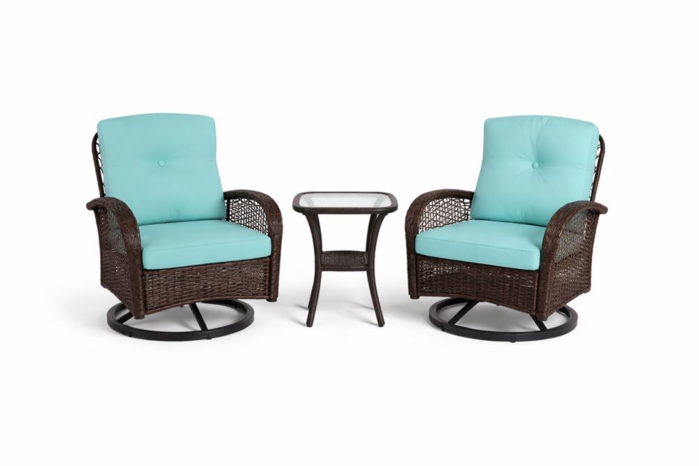 Ensemble de fauteuils pivotants en rotin avec coussins bleu turquoise et table en verre pour extérieur