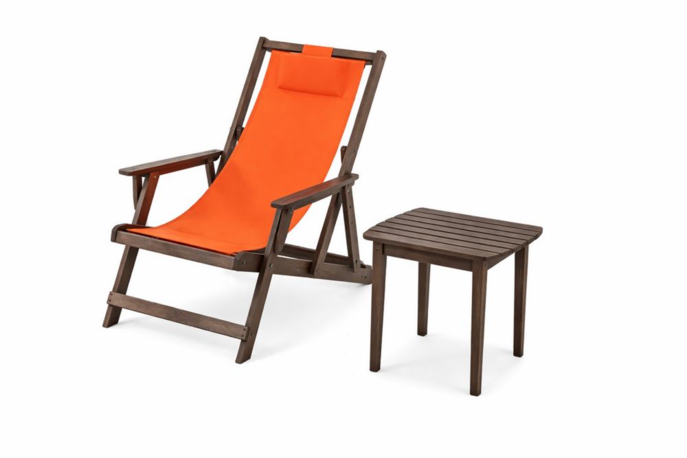 Ensemble chaise longue et table en bois massif avec tissu orange
