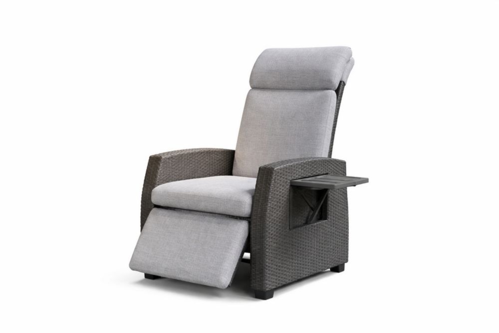Fauteuil inclinable extérieur en polyrotin avec coussins en polyester gris