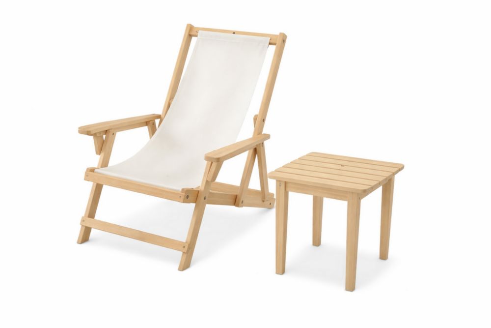 Ensemble de chaise longue pliante en bois massif et table carré bois naturel et blanc