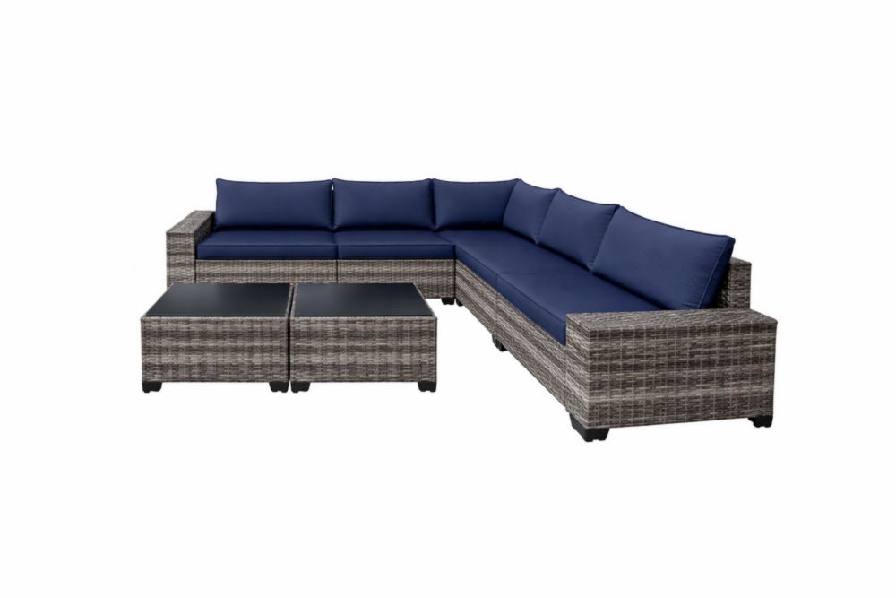 Ensemble de Salon de Jardin en Résine Tressée Gris avec Coussins Bleus