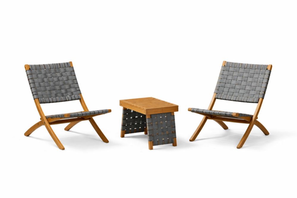 Ensemble de Deux Chaises Pliantes et Table en bois massif et Tissu Gris
