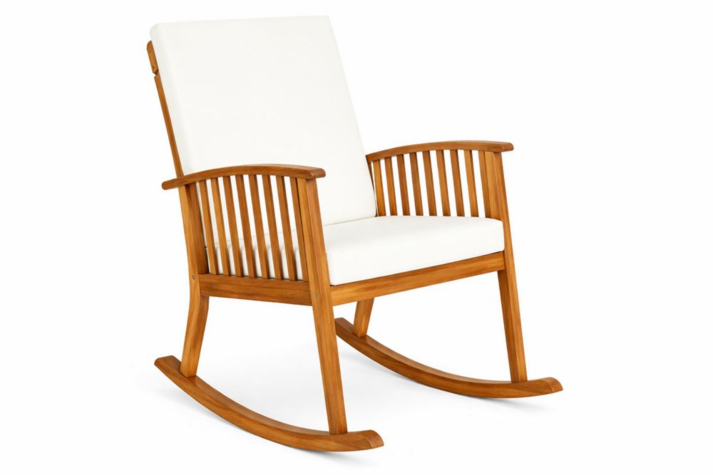 Chaise à bascule en bois d'acacia avec coussin blanc