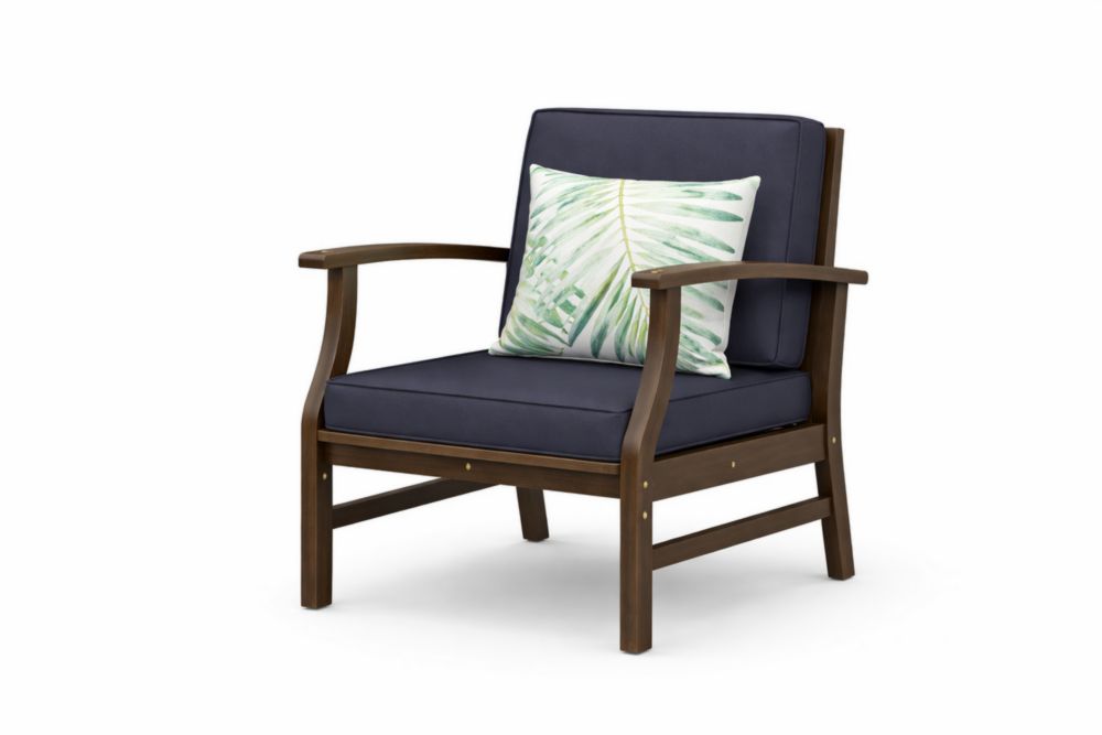 Fauteuil en bois massif avec coussin d'extérieur en tissu polyester bleu marine