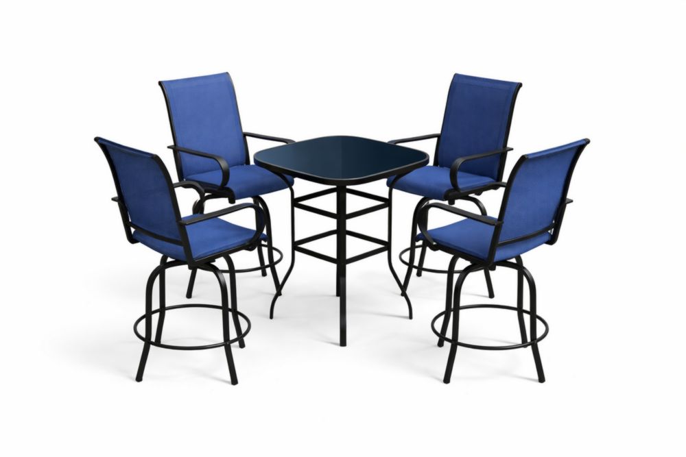 Ensemble de mobilier d'extérieur en Acier galvanisé avec table en verre et 4 chaises pivotantes en tissu bleu