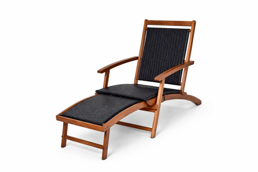 Chaise longue en bois massif et rotin synthétique noir