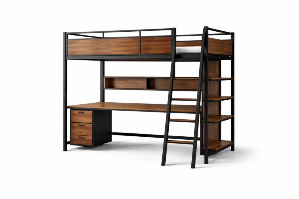 Letto a soppalco in acciaio e legno MDF con scrivania e libreria-Clayelivo