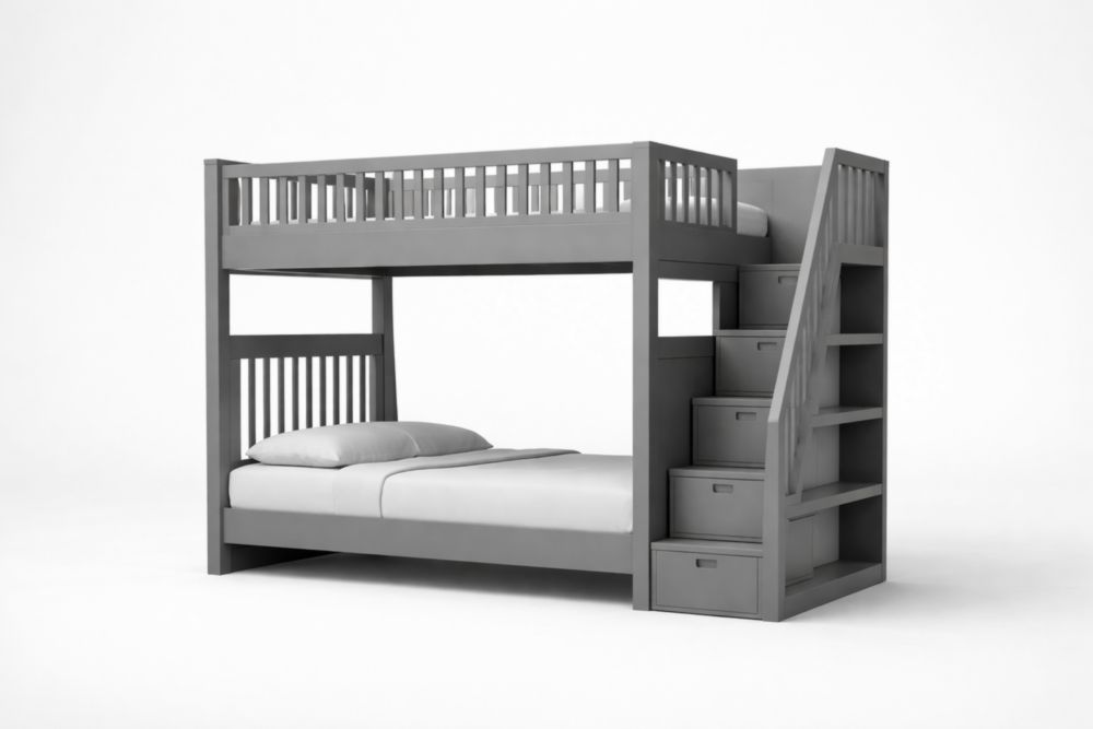 Letto a castello in legno massello grigio con scala e cassetti-Clayelivo