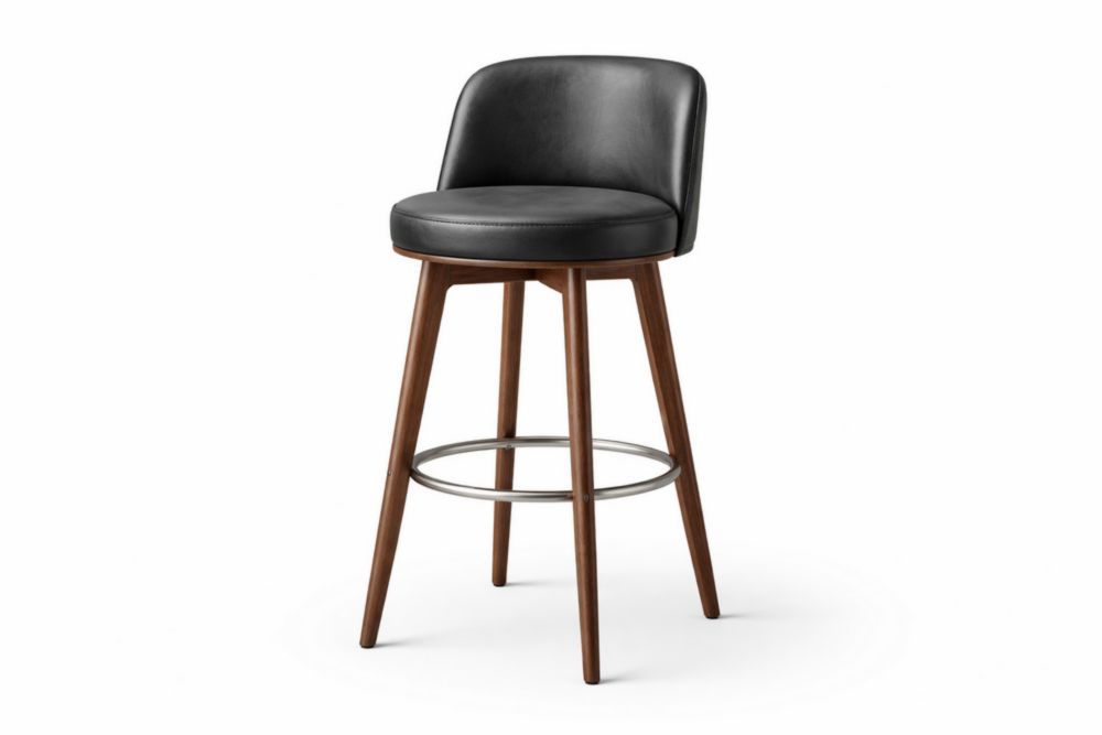 Sgabello da Bar in Pelle Nera con Struttura in Legno Massello e Anello in Acciaio 100x50x50 cm(H x L x P)
