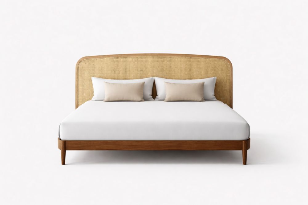 Letto matrimoniale in legno di quercia con testiera in rattan-Arclivano