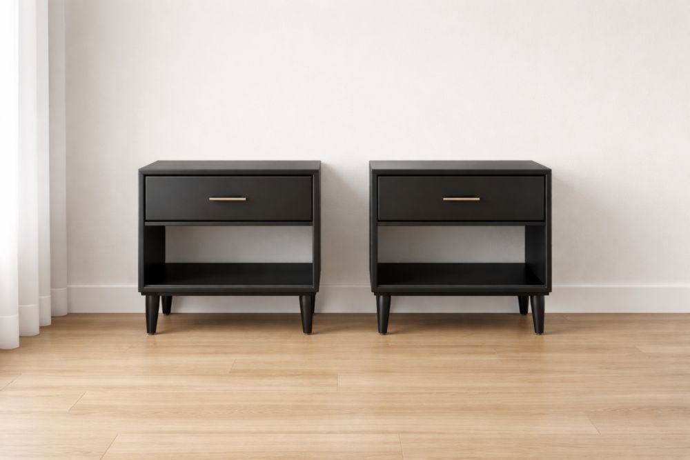 Set di 2 Comodini in Legno Nero con Cassetto e Ripiano