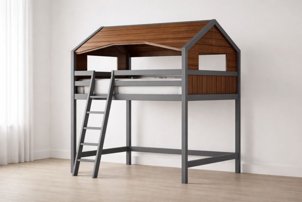 Letto a castello in metallo e legno con scala design casetta marrone/grigio