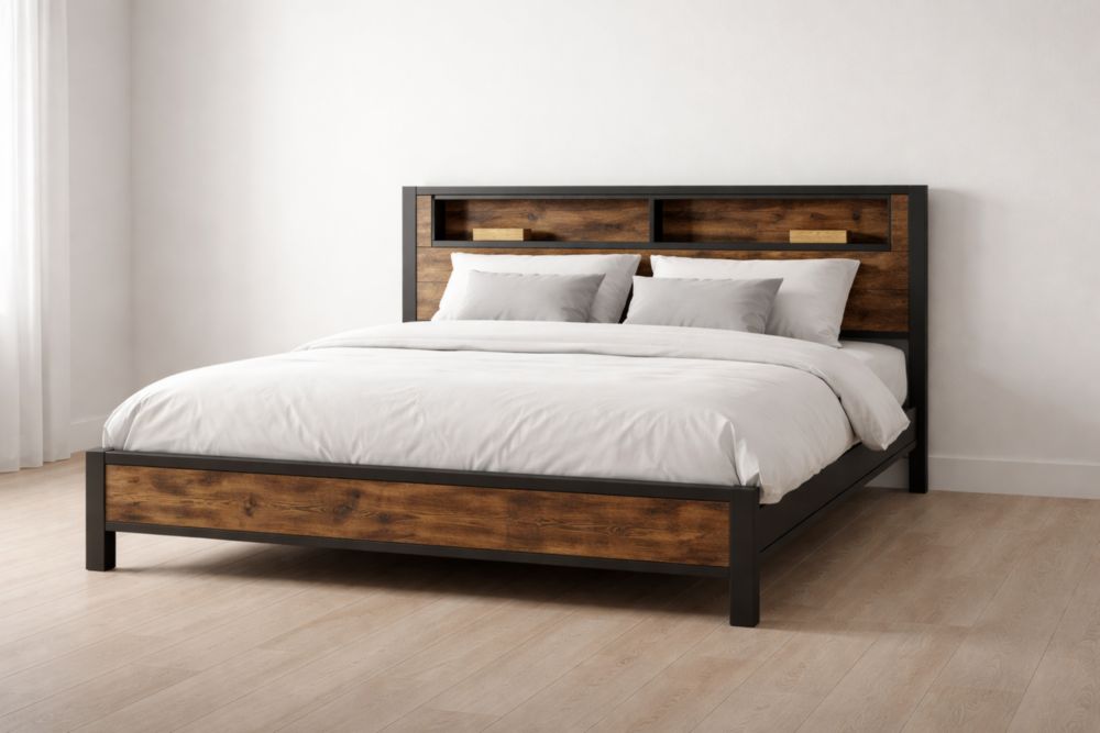 Letto Matrimoniale in Legno e Metallo con Scaffale Integrato 160x200 cm