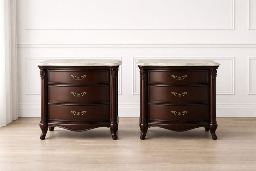 Comodini in legno con piano in marmo e maniglie in metallo set di 2