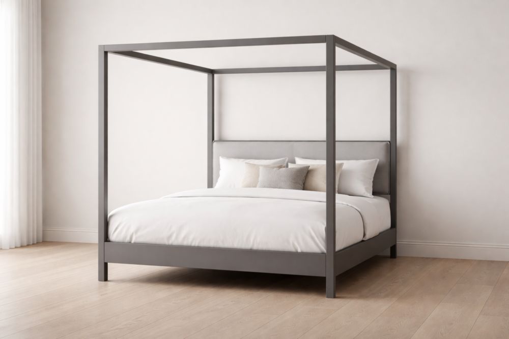 Letto a Baldacchino in Metallo con Testiera Imbottita Grigio 200x140×210 cm