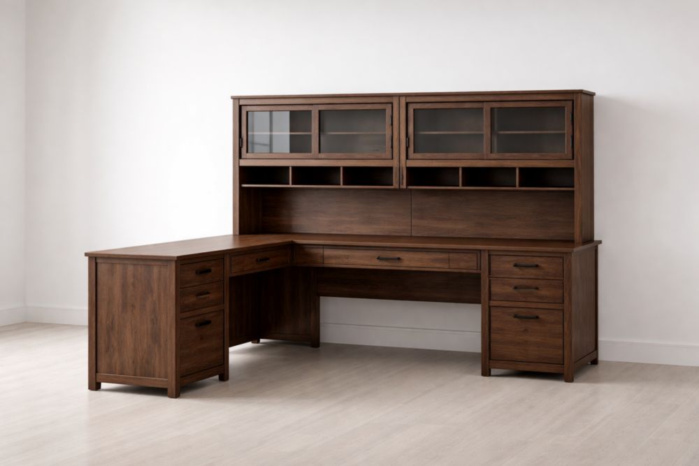 Scrivania Angolare in Legno con Mobiletto e Cassetti