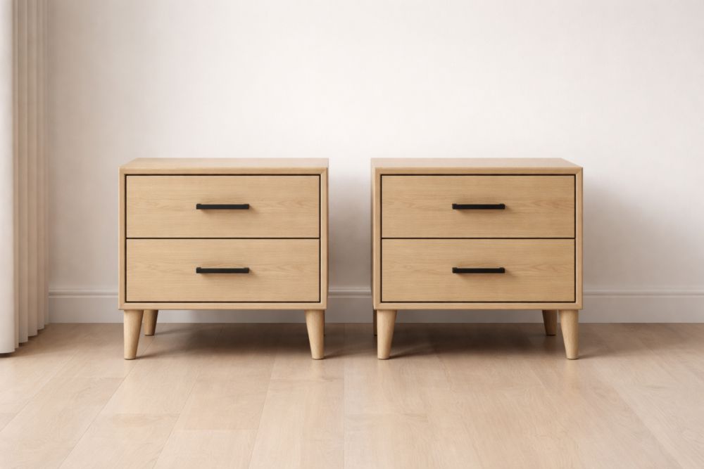 Set di due comodini in legno con due cassetti beige