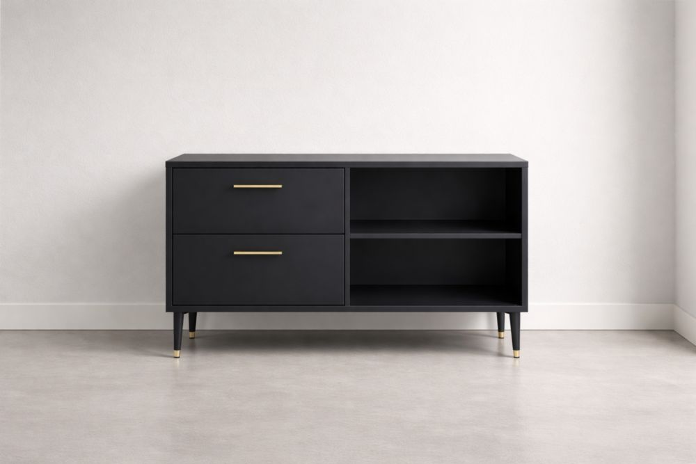 Credenza in Legno Nero con Due Cassetti e Ripiani Aperte
