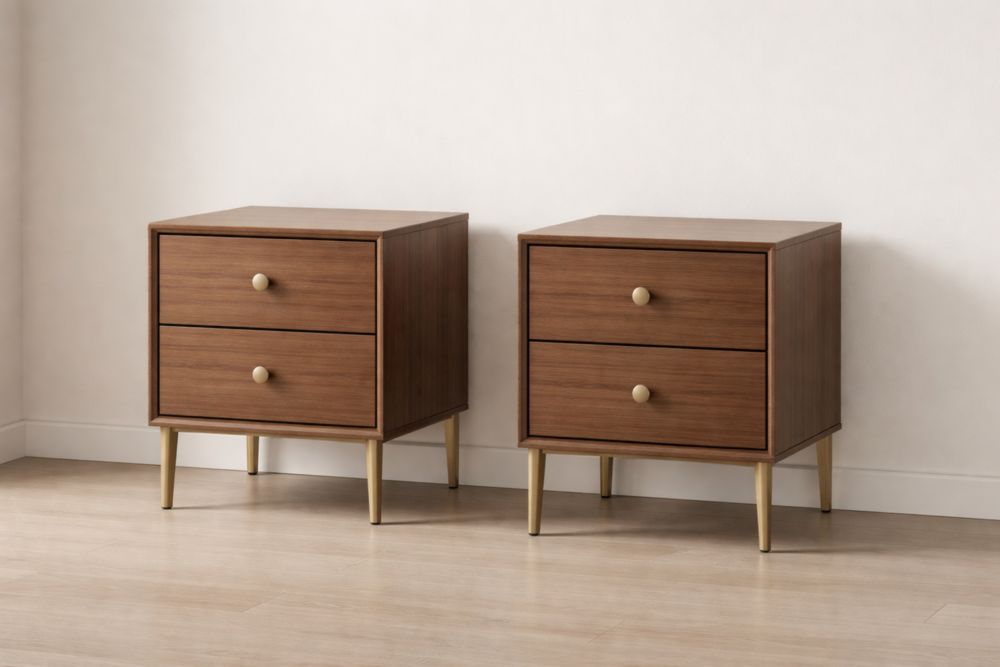 Comodini in legno con due cassetti e gambe in metallo, 40 x 40 x 55 cm, Marrone