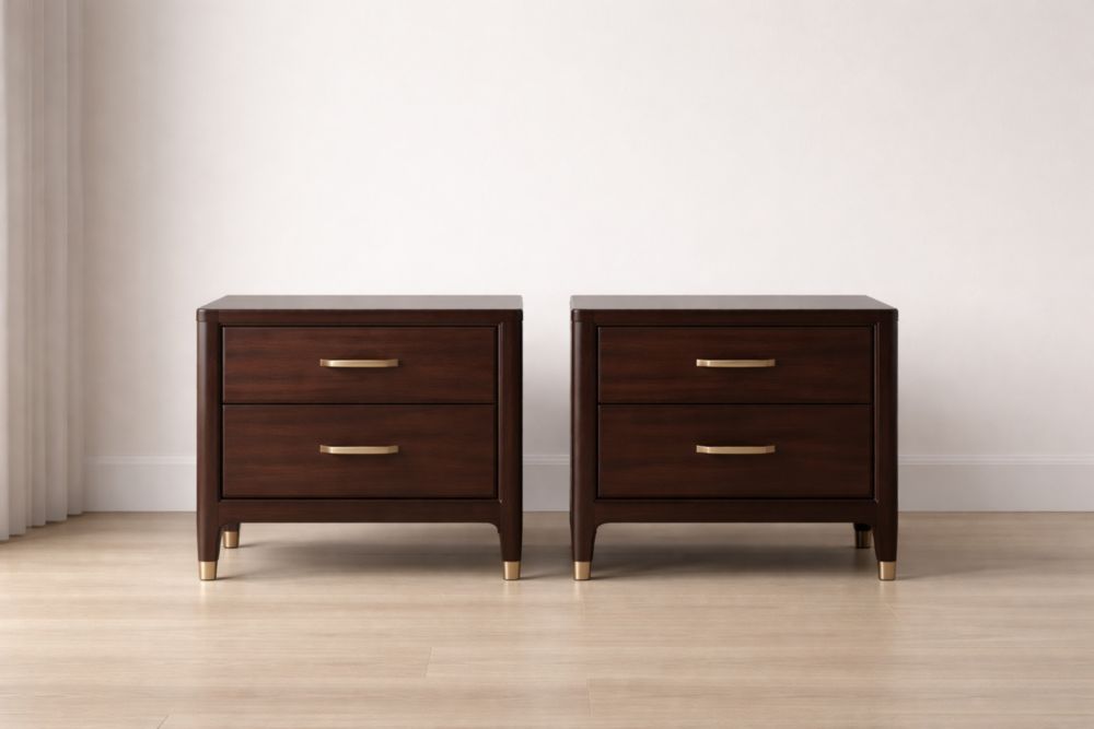 Set di 2 Comodini in Legno Massello Marrone con Maniglie in Ottone